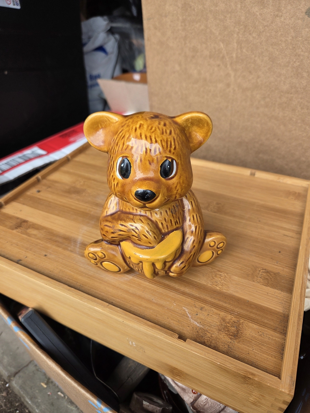Ceramic Honey Bear Figurine Jar - Yellow Brown Vintage